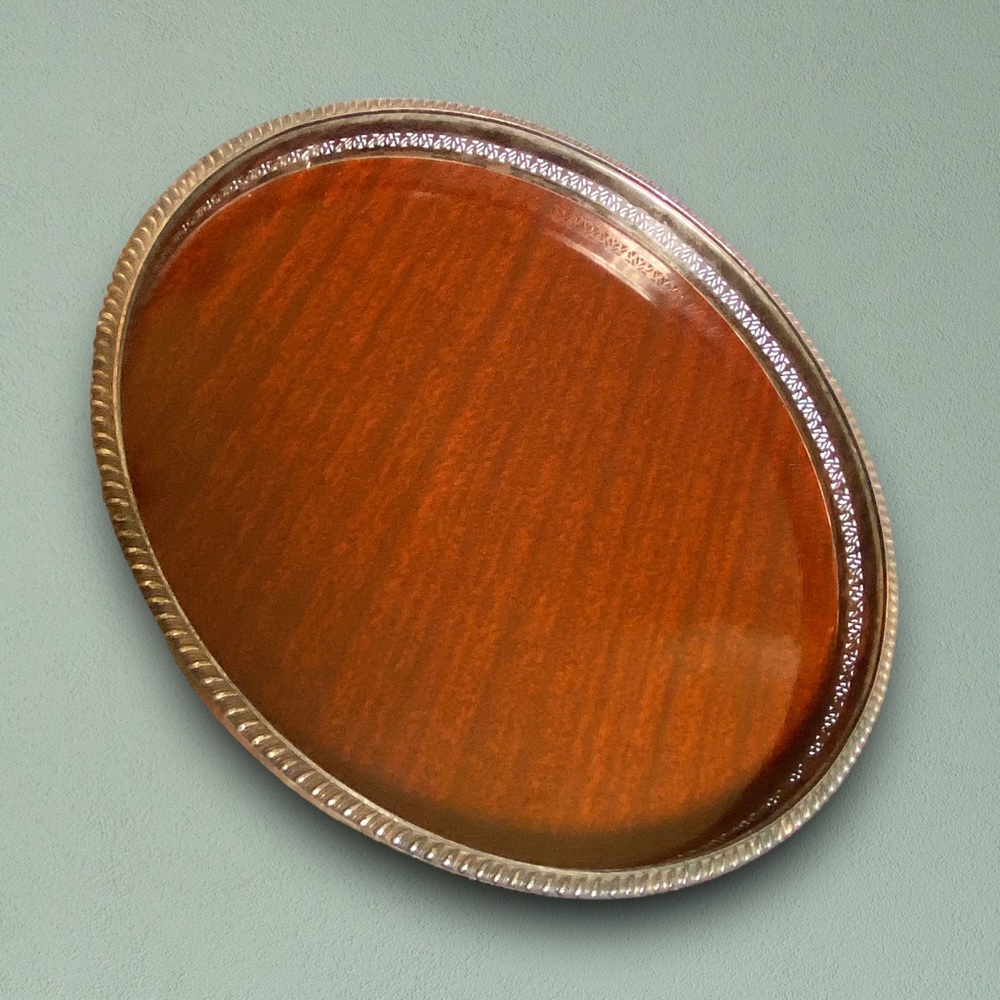 Vintage Mid-Century Silver Plate Reticulated Serving Tray Crescent Formica 12.5”